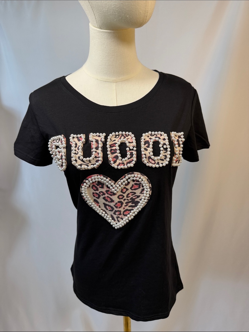 NWT VOYLE Black Short Sleeve Tee with Leopard Heart and Crystal Embellished Logo